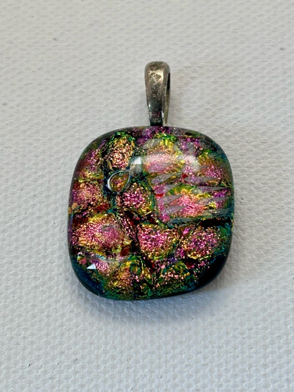 Handmade Dichroic Glass Pendant in Pink, Green & Gold